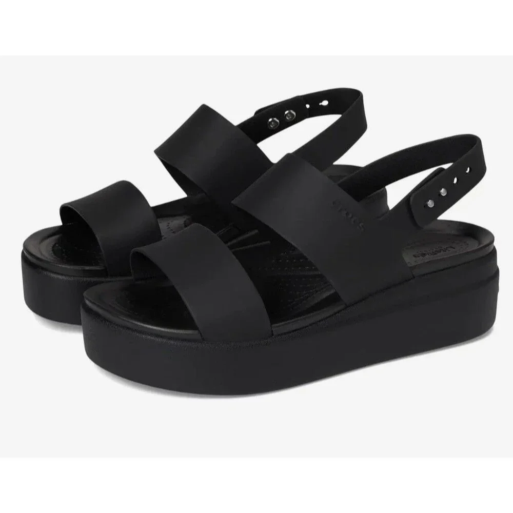 New ! Crocs Women's Brooklyn Low Wedge Sandals Black Size 10 Strappy